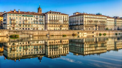 Fototapeta premium Reflection of buildings in water on river Po in Turin