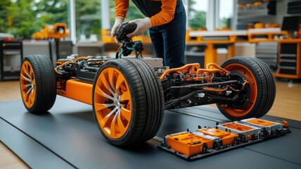 Automotive engineer developing electric vehicle EV powertrains for sustainable transportation, automotive engineer, electric vehicles