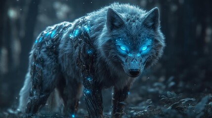 Cybernetic Wolf with Glowing Blue Eyes in a Dark Forest Generative AI
