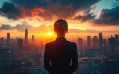 Successful businesswoman standing in formal clothing, watching the city skyline and skyscrapers during a dramatic sunset sky, from behind