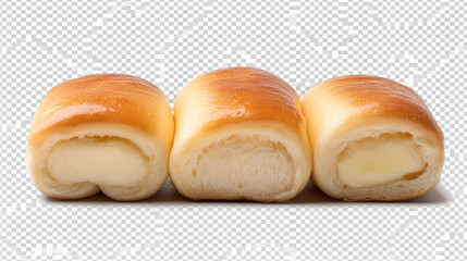 Soft butter-filled rolls displayed in a row on a transparent background