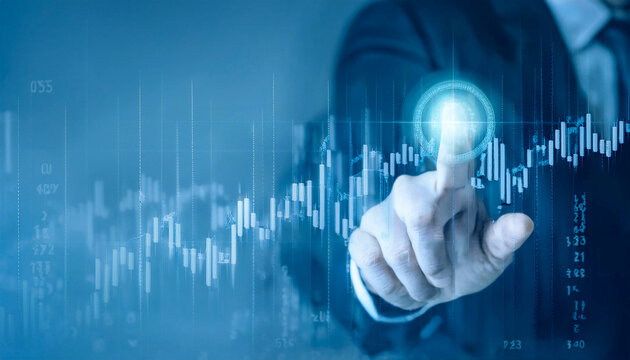 Concept of finance and investment touchscreen graph of the stock market or FX trading. Business economic trends, financial charts, and figures