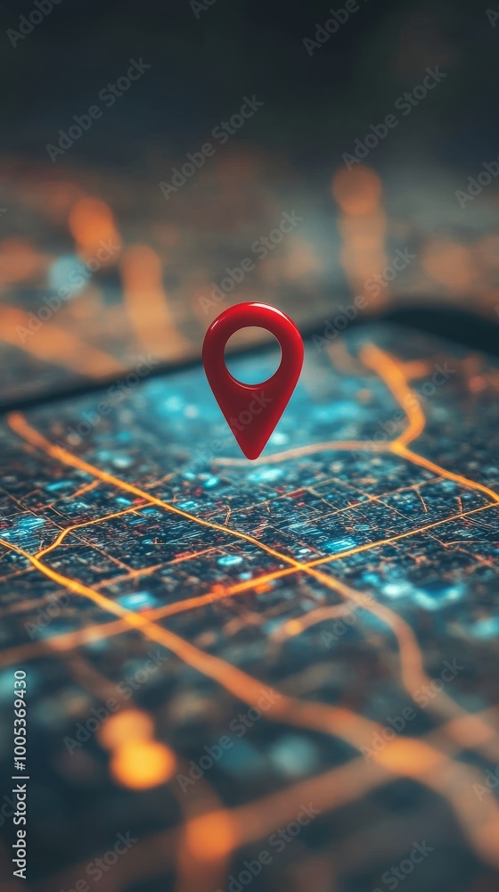 Aufkleber red map pin on a digital city map, close-up view. navigation and technology concept