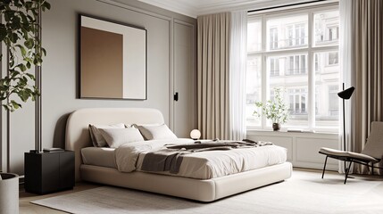 Minimalist bedroom with a large bed, a large window, and a plant.