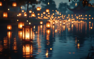 Asian lanterns drifting on water, with their glowing lights reflecting and creating a serene, enchanting atmosphere