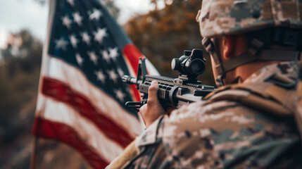 Soldier Holding Machine Gun with American National Flag Patriotic Military Hero in Camouflage Displaying USA Pride