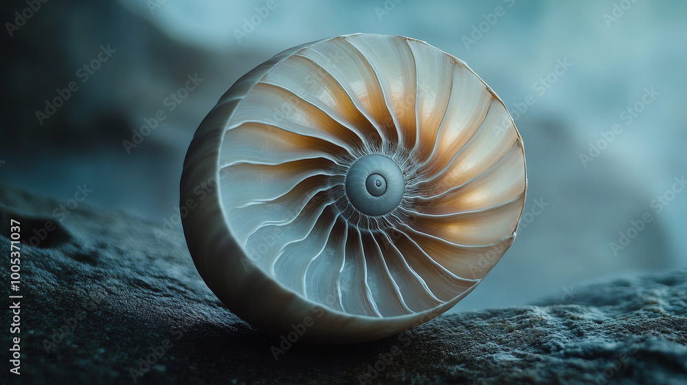 Poster close-up of a nautilus shell resting on a rocky surface near the ocean during twilight hours