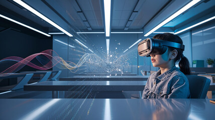 Child using virtual reality headset in modern classroom setting.