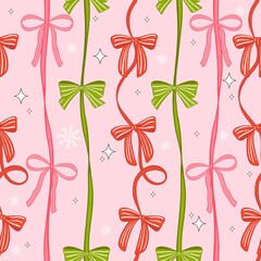 Christmas coquette bow stripes seamless pattern Pastel winter holiday gift Printable repeat digital paper 
