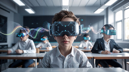 Children engaging with virtual reality in a classroom setting.