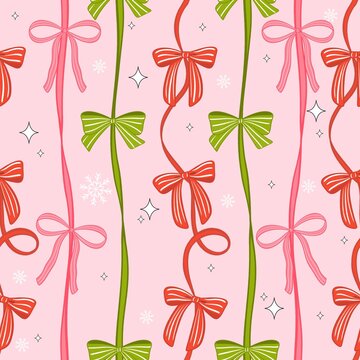 Christmas coquette bow stripes seamless pattern Pastel winter holiday gift Printable repeat digital paper 