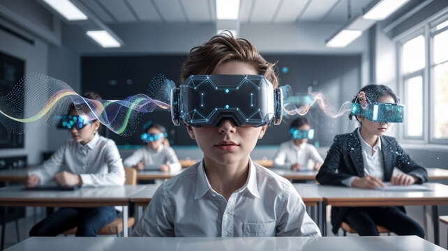 Children engaging with virtual reality in a classroom setting.