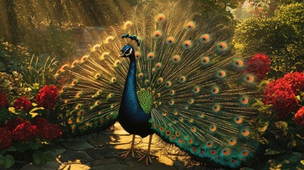 Obraz premium A proud peacock displaying its vibrant feathers in full bloom, showcasing the beauty of nature's colors in a tranquil garden.