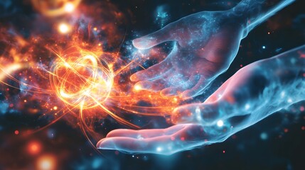 Hands Holding a Glowing Atomic Structure in a Cosmic Setting