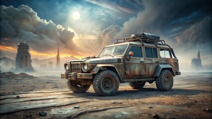 Rendered vehicle abandoned on blank surface after apocalypse