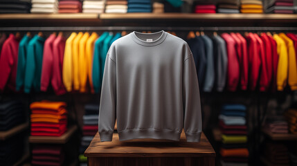 Fototapeta premium Plain Grey Sweatshirt with Colorful Clothing Backdrop
