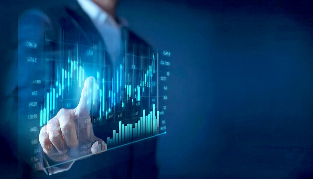 Concept of finance and investment touchscreen graph of the stock market or FX trading. Business economic trends, financial charts, and figures