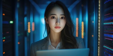 High-Tech Asian Woman in Data Center