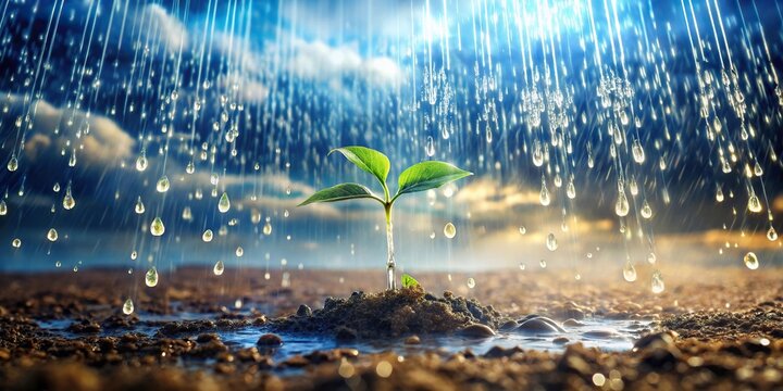 Reviving nature with captivating rainfall on arid land, transforming barren terrain with refreshing drops of water