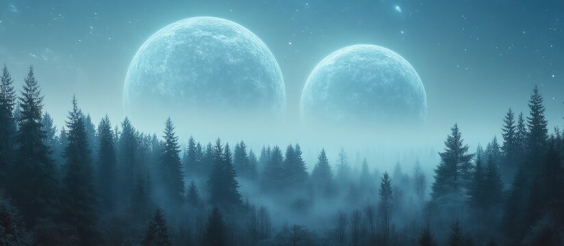 Two large, luminous, blue moons hang above a foggy forest at night.