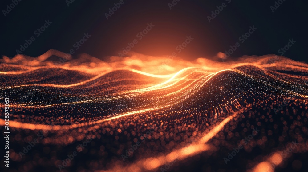 Poster abstract representation of flowing waves with glowing particles in a dark setting.