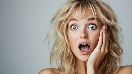 A surprised blonde female with wide eyes and a hand on her cheek, expressing a mix of shock and disbelief