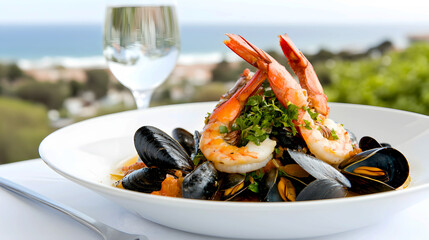 Elegant Shrimp and Mussels Dish with Coastal View