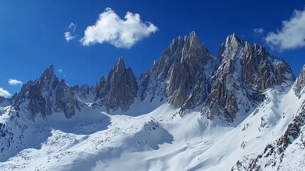 Obraz premium Majestic snow-capped mountain peaks rise above a vast, snowy landscape under a bright blue sky with wispy clouds.