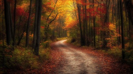 A tranquil forest path in autumn, where the peaceful walk is enhanced by the vibrant, fiery colors of fall foliage