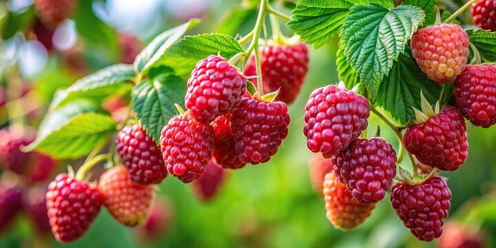 Ripe long shot organic red loganberries on shrub