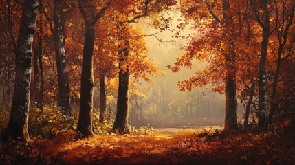 A tranquil forest scene featuring maple trees with their leaves in brilliant autumn shades, casting...