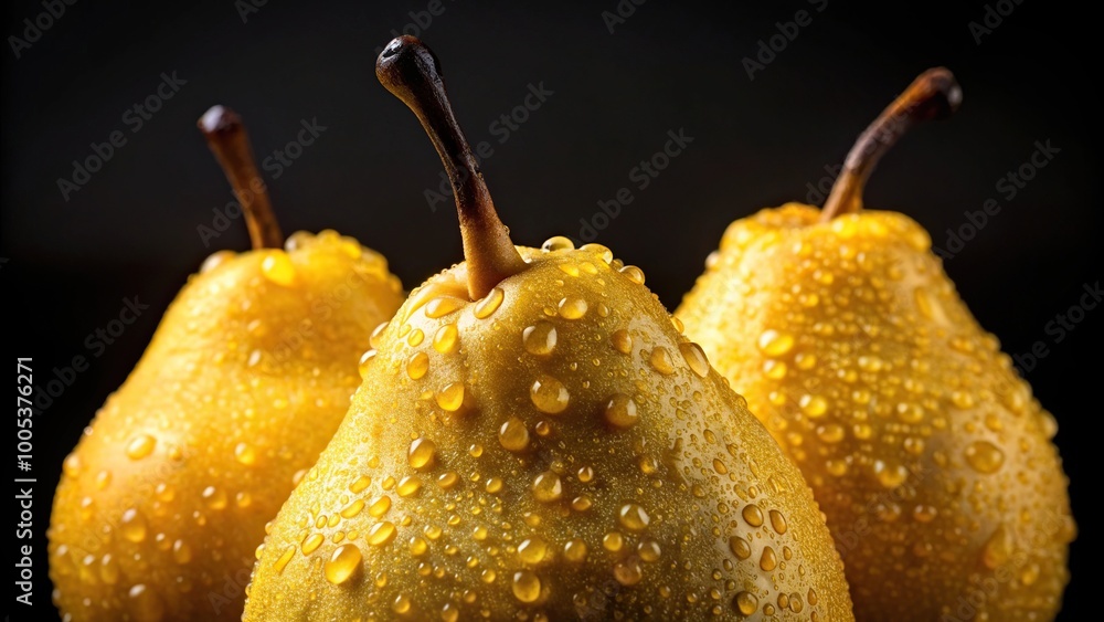 Wall mural ripe yellow pears with water drops on a black background extreme close-up