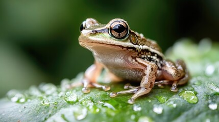 Obraz premium A tiny frog sitting on a large leaf, with rain droplets scattered across the surface, glistening in the sunlight.