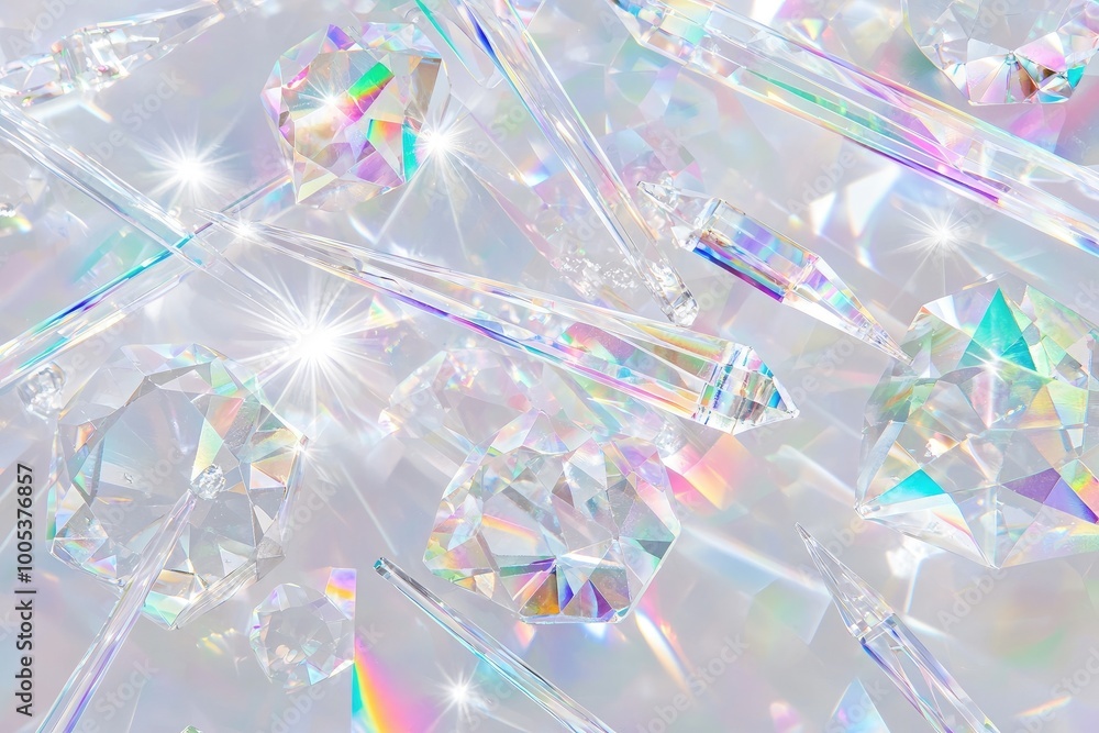 Poster a close-up of sparkling crystals reflecting light, creating a dazzling display of colors and shapes.