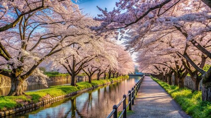 Riverside walkway lined cherry trees blooming spring panoramic