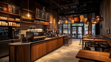 A versatile coffee shop model that seamlessly transitions from day to night, with a morning coffee vibe and a cozy bar atmosphere in the evening