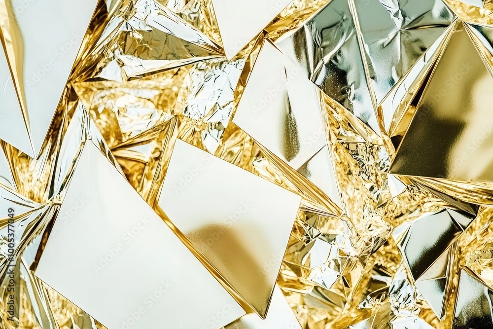 Poster abstract golden mirror shards reflecting light in an artistic composition. ideal for luxury and mode