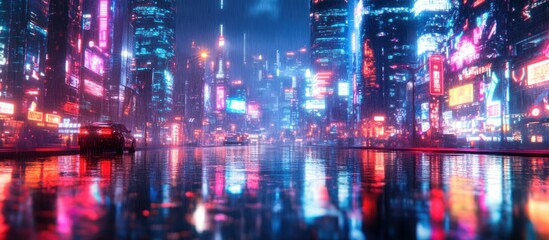 A futuristic city at night with neon lights reflecting in the wet pavement.