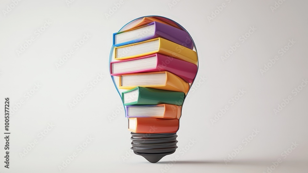 Poster a visually appealing 3d rendering shows a colorful stack of books arranged in the shape of a light b