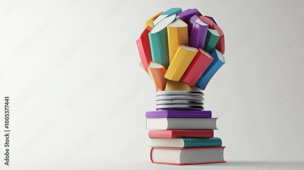 Poster a visually appealing 3d rendering shows a colorful stack of books arranged in the shape of a light b
