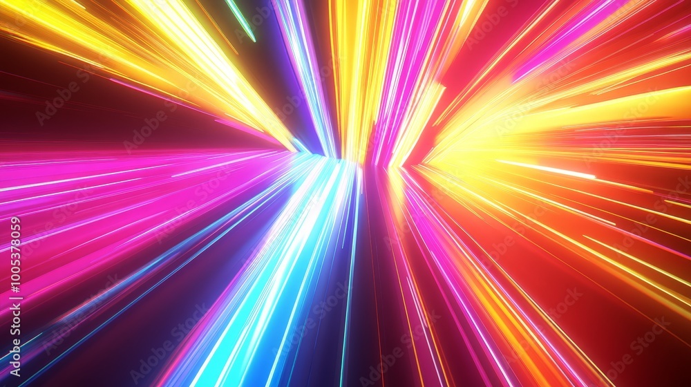 Poster abstract 3d background with a dynamic spectrum of bright colors, featuring neon rays and glowing lin