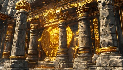 This is a sacred temple backdrop, with large stone pillars, golden relics, and ornate carvings. The stone would have a worn, ancient look, while golden details reflect the Incas’ reverence.