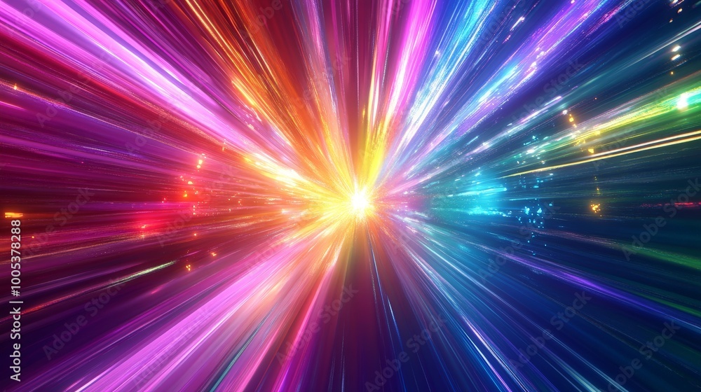 Poster abstract 3d background with a dynamic spectrum of bright colors, featuring neon rays and glowing lin