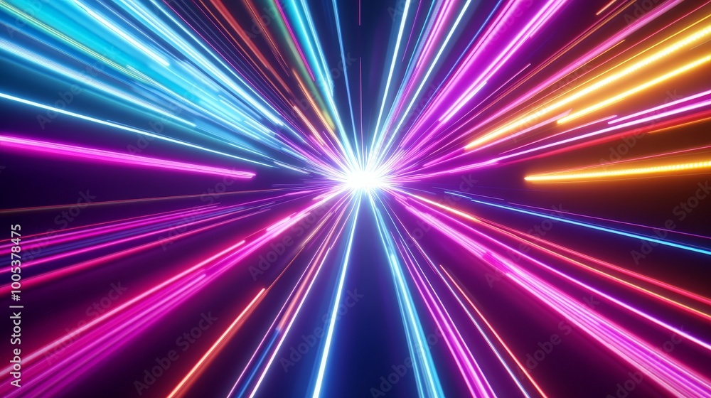 Aufkleber abstract 3d background with bright neon rays and glowing lines in a spectrum of colors, delivering a