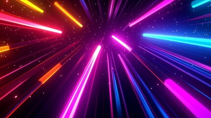 Fototapeta premium Abstract 3D background with colorful neon rays and glowing lines, presenting a vibrant spectrum of light and energy