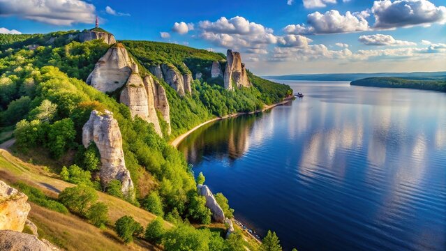 Rocky landscape in Samarskaya Luka Nature Reserve on the Volga River