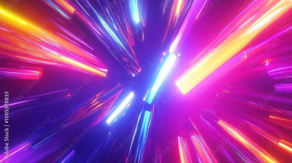Poster abstract 3d background with neon rays and glowing lines in a spectrum of bright colors, offering a v