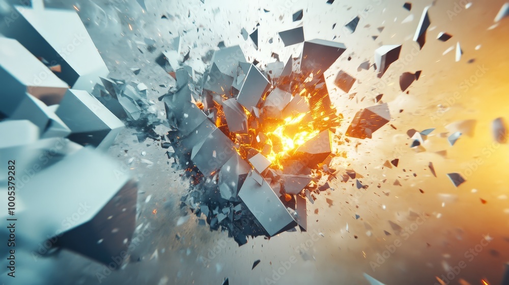 Poster abstract 3d illustration of geometric shapes with explosive power, featuring a crushing surface and 