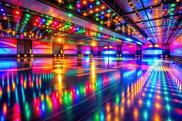 Roller skating rink with disco lights and mirrored walls