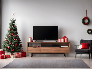 Stylish living room interior with modern TV and Christmas tree. Front view